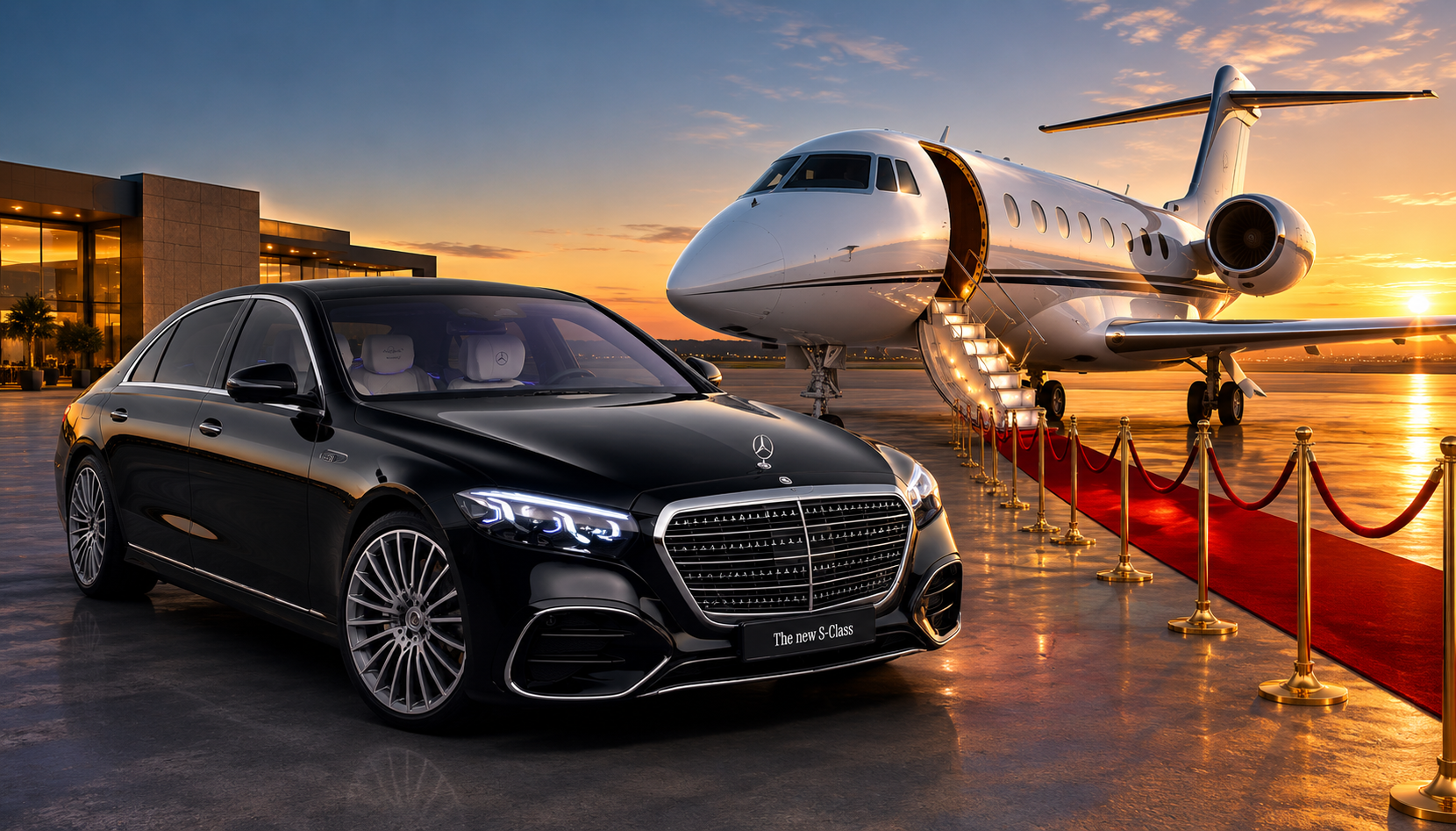 Mercedes Classe S sur le tarmac à côté d’un jet privé avec tapis rouge