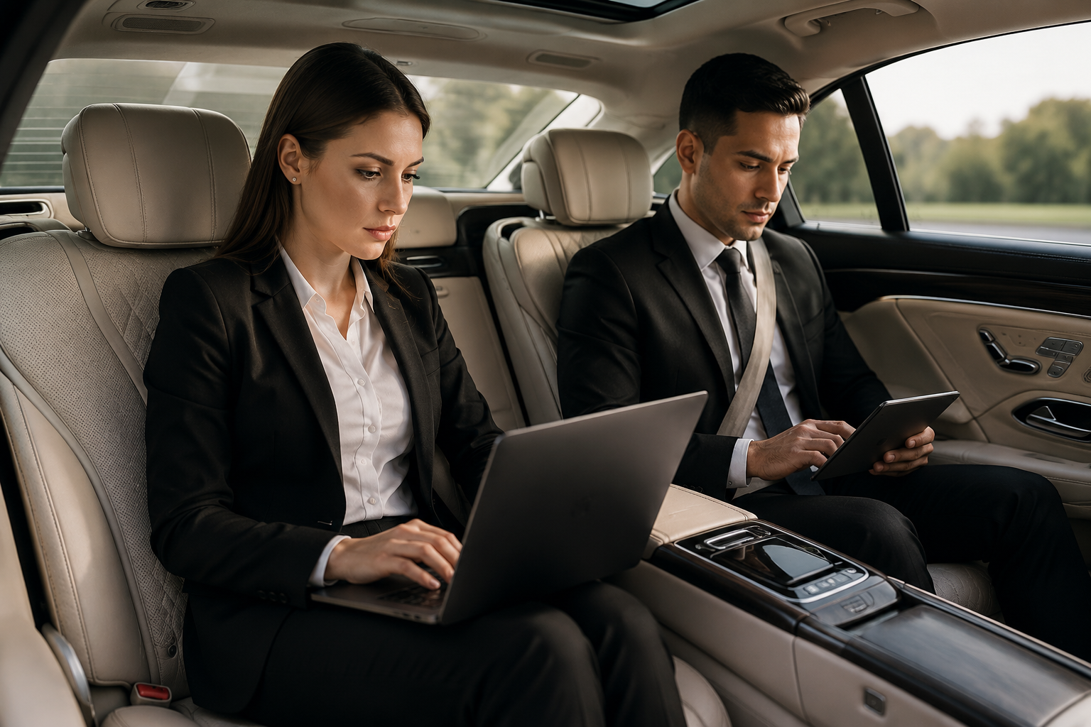 Passagers professionnels travaillant dans une voiture premium