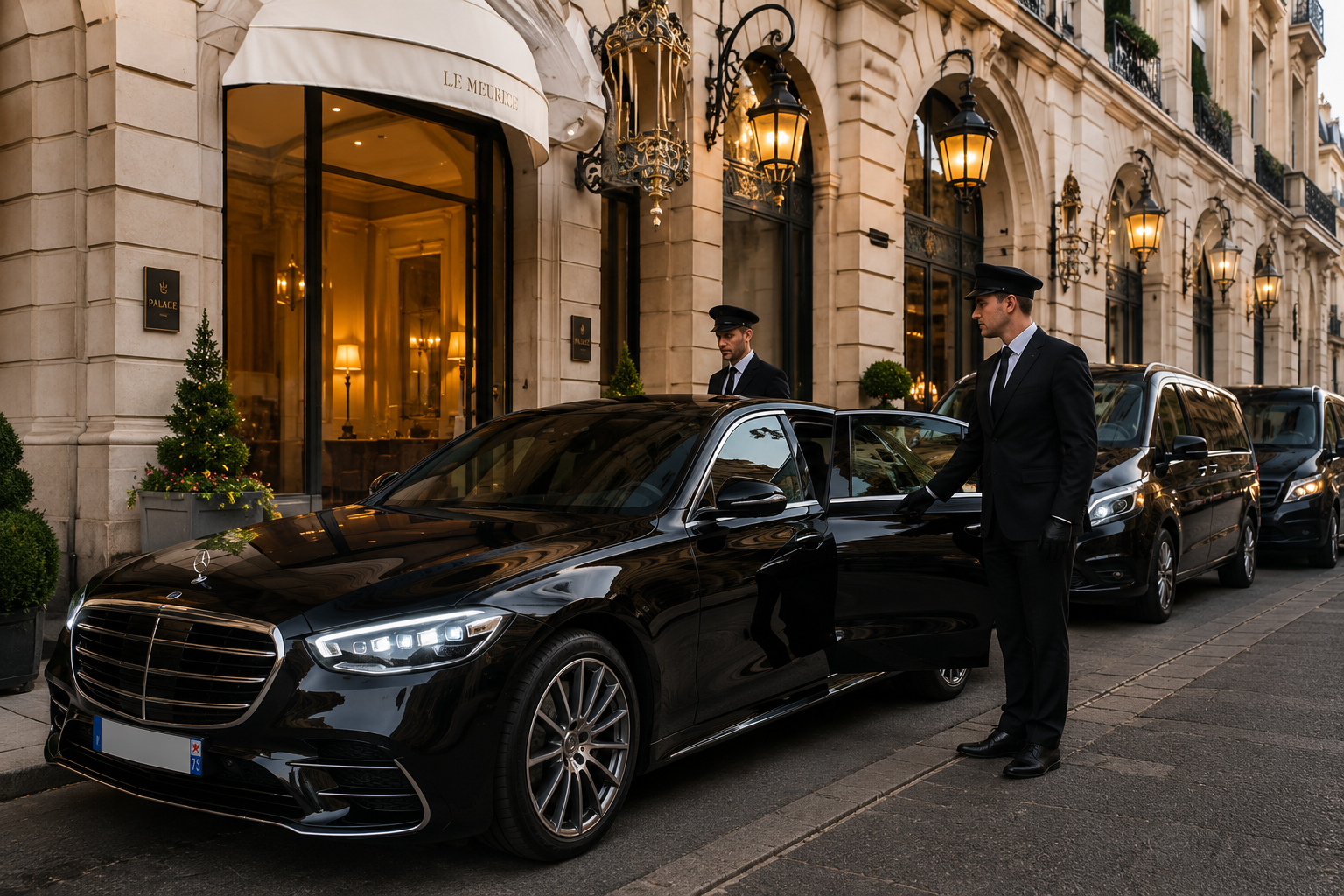 Mercedes Classe S et van devant un palace avec chauffeur et bagagiste
