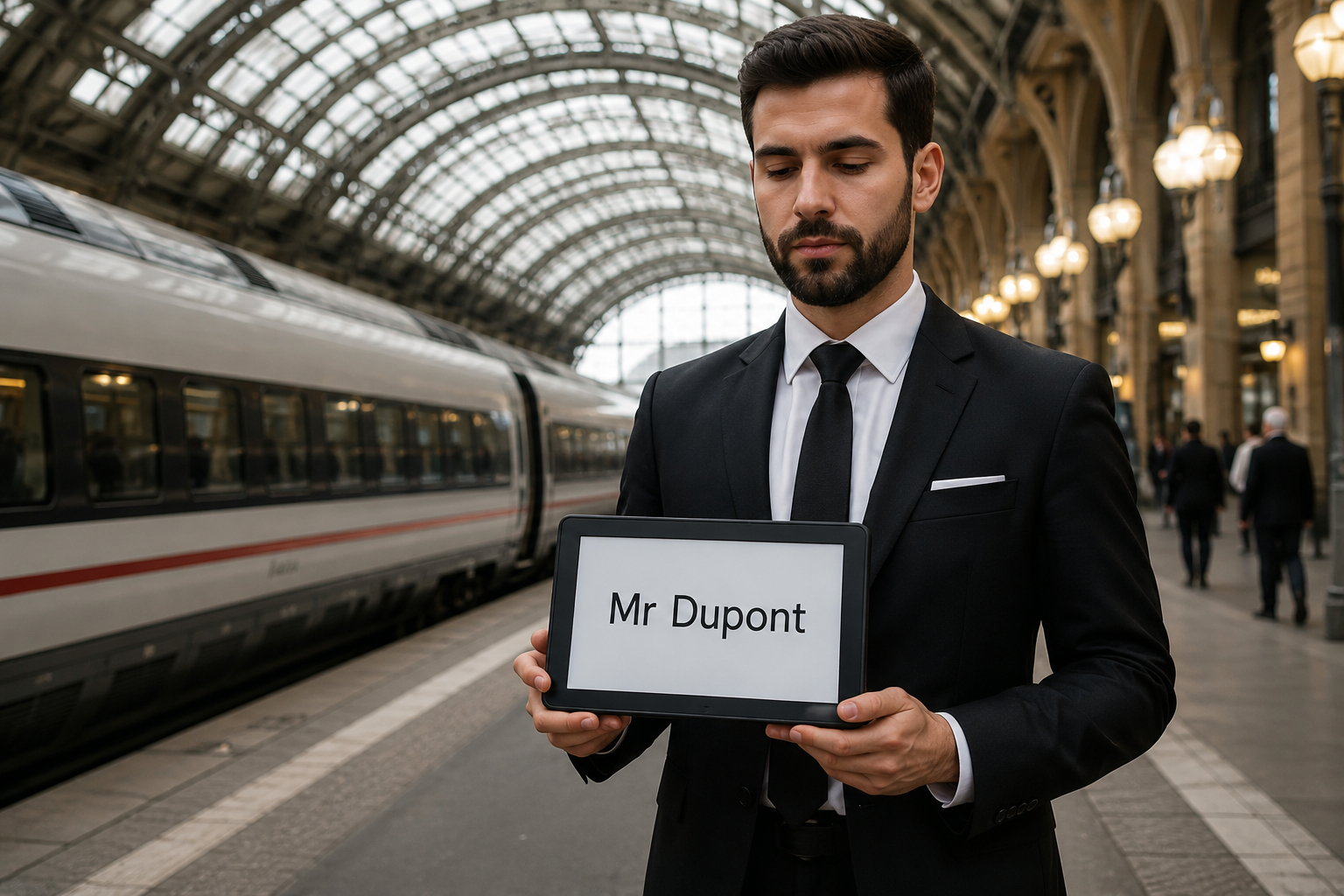 Chauffeur en gare avec tablette au nom de Mr Dupont